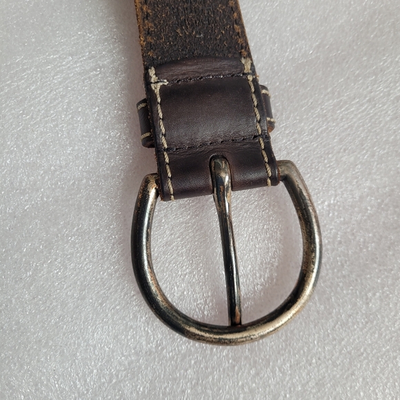 Thick Leather Belt Brown With Topstitching And Distressed Buckle Large 32-36 - Picture 6 of 10